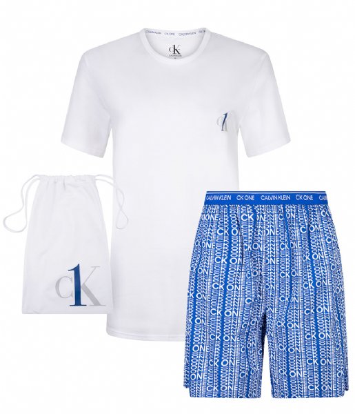 Calvin Klein  Short Sleeve Short Set White Top Overstock Logo Bottom (WI7)